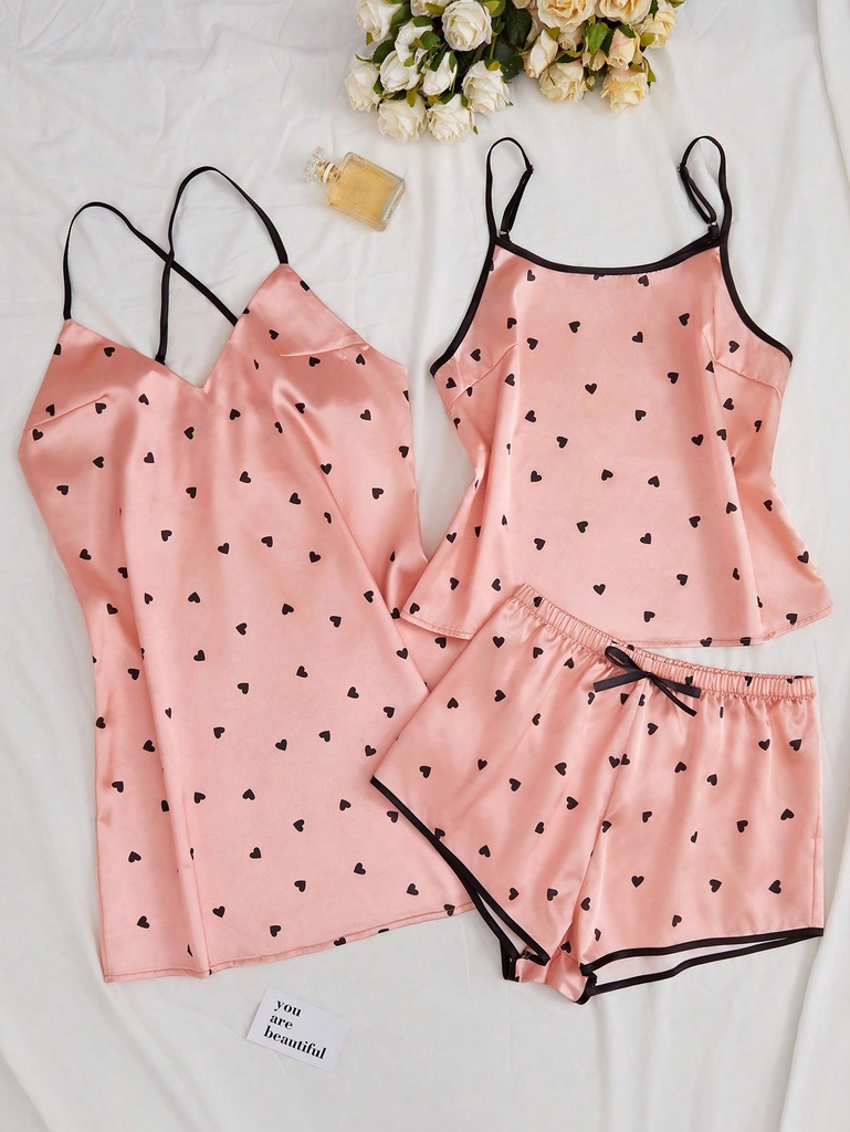 Conjunto De Pijama De Mujer Impreso Con Patrón De Corazón