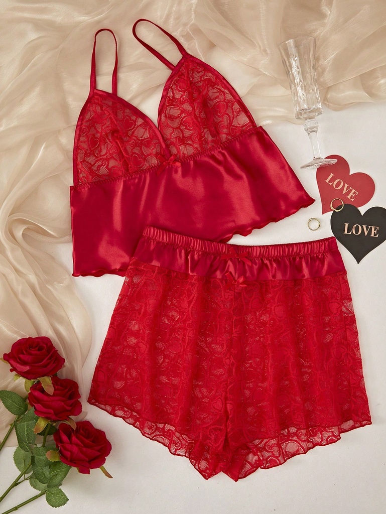 Pijama Para Mujer Con Encaje Y Parche De Color Sólido