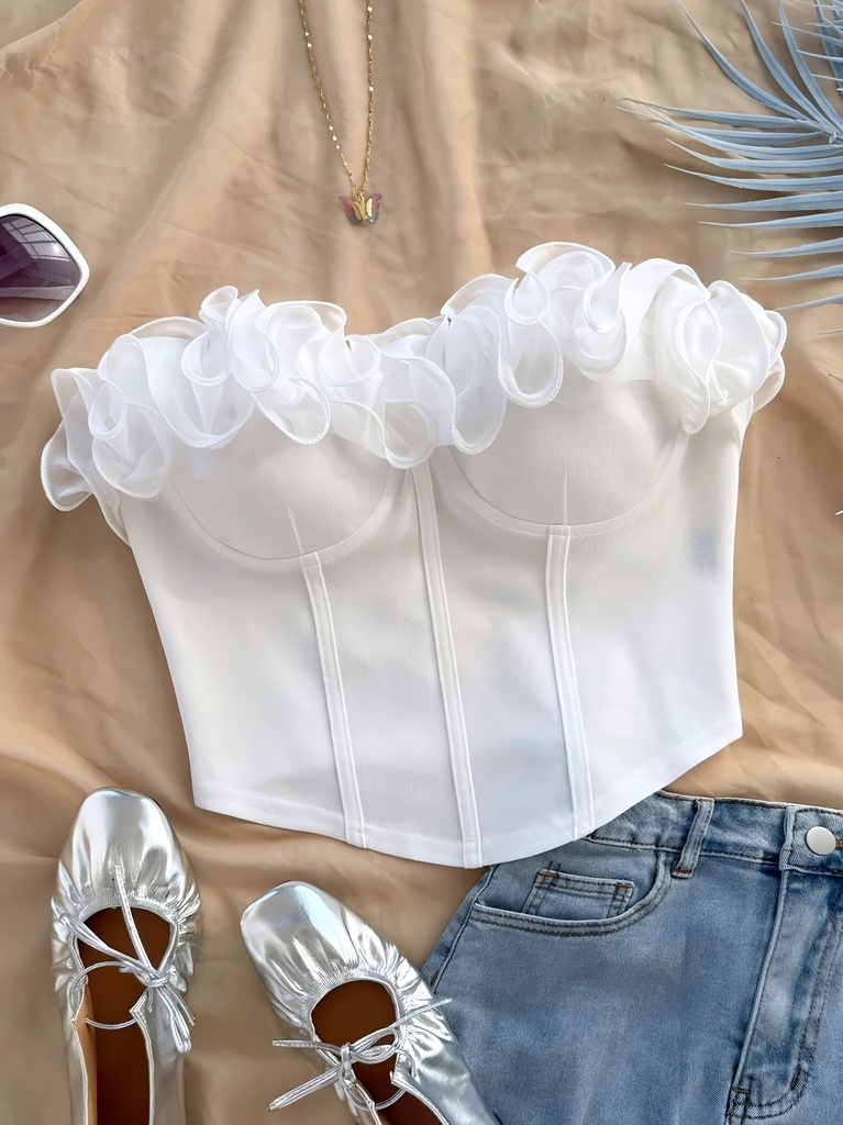 Blusa elegante con escote caído, volantes y diseño de corsé