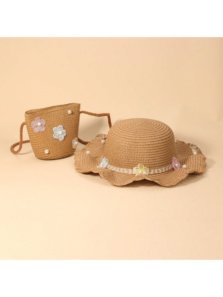 Conjunto de sombrero de ala ancha y bolso para bebé recién nacido o niña pequeña con decoración de flores, ideal para verano y días en la playa
