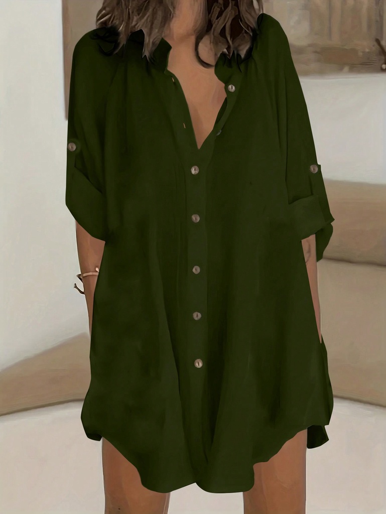 EMERY ROSE Camisa sencilla casual de manga larga con cuello alto tipo soporte y botones en unicolor