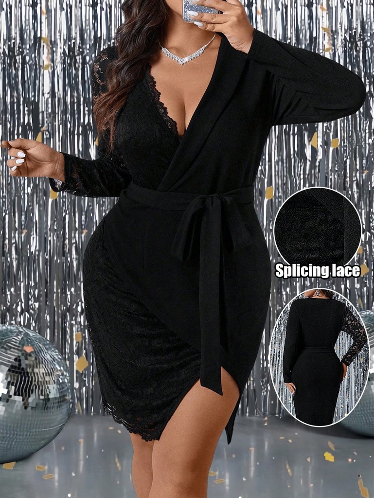 SHEIN Clasi Vestido negro de fiesta de talla grande con parches de encaje