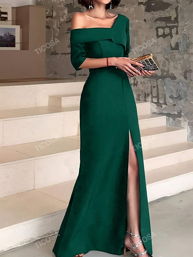Vestido de línea X de manga corta con ajuste ceñido, cuello asimétrico asimétrico, sólido, elegante vestido de fiesta y noche para todas las temporadas para mujer