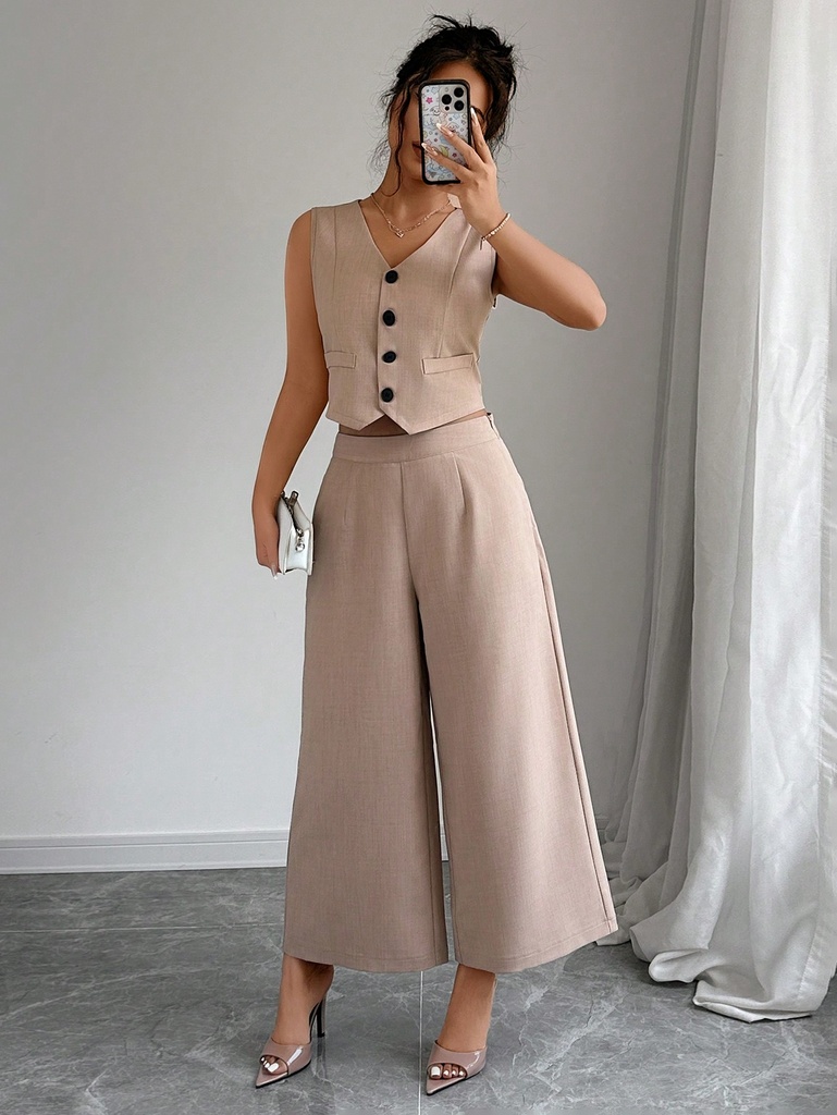 SHEIN Privé Chaleco y pantalón simples y lisos para mujeres para uso diario