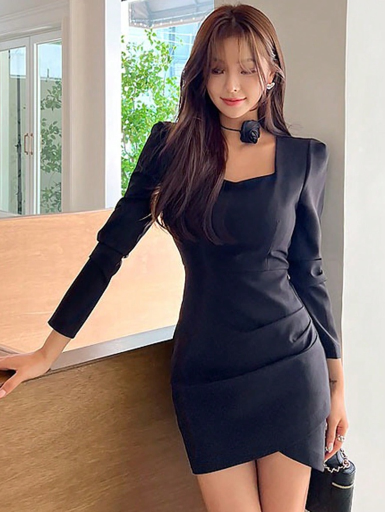 DAZY Vestido elegante para mujer, con corte envolvente, cuello cuadrado y pliegues en unicolor