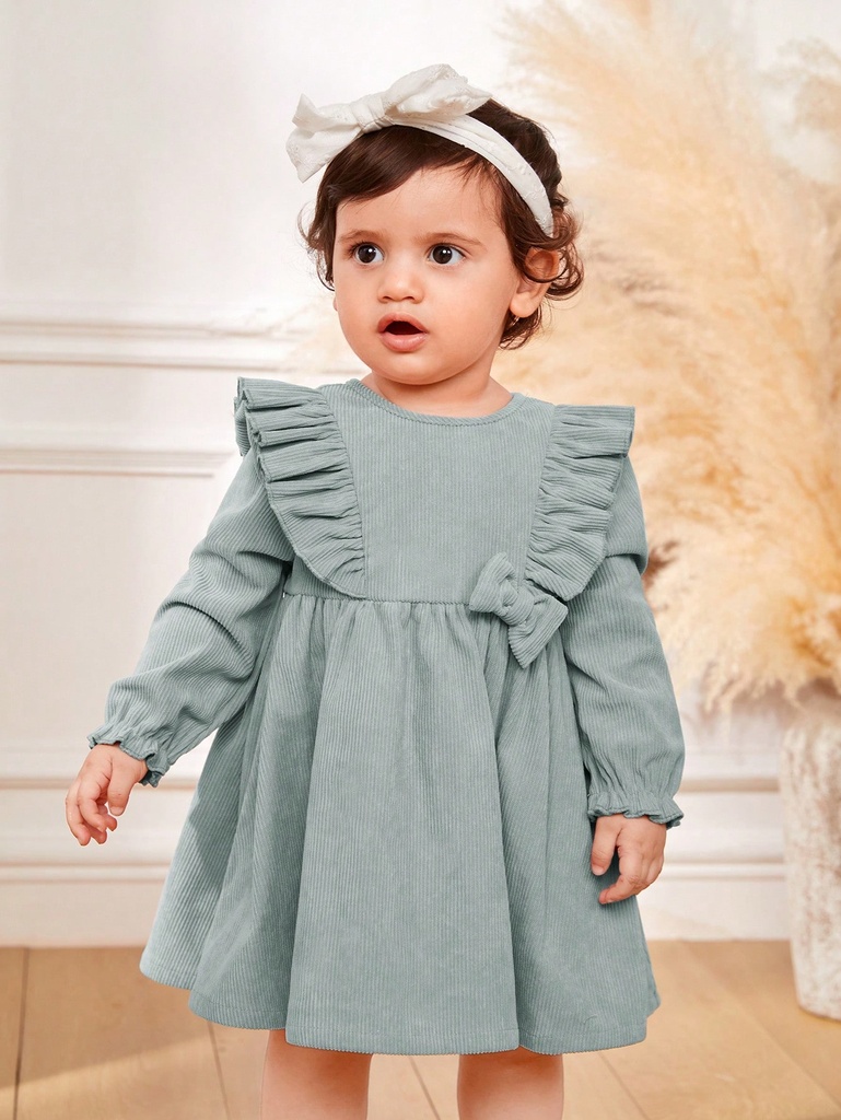 Bebé niña Vestido smock ribete con fruncido de manga con volante