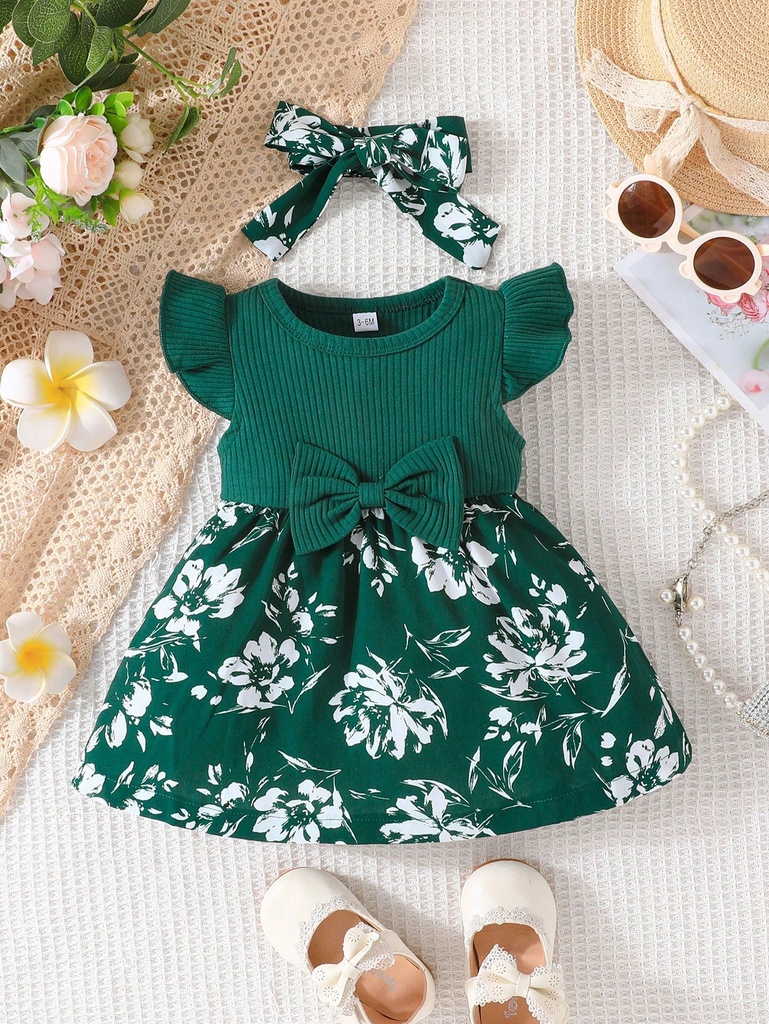 Bebé niña Vestido con estampado floral ribete con fruncido con lazo delantero con banda cabeza