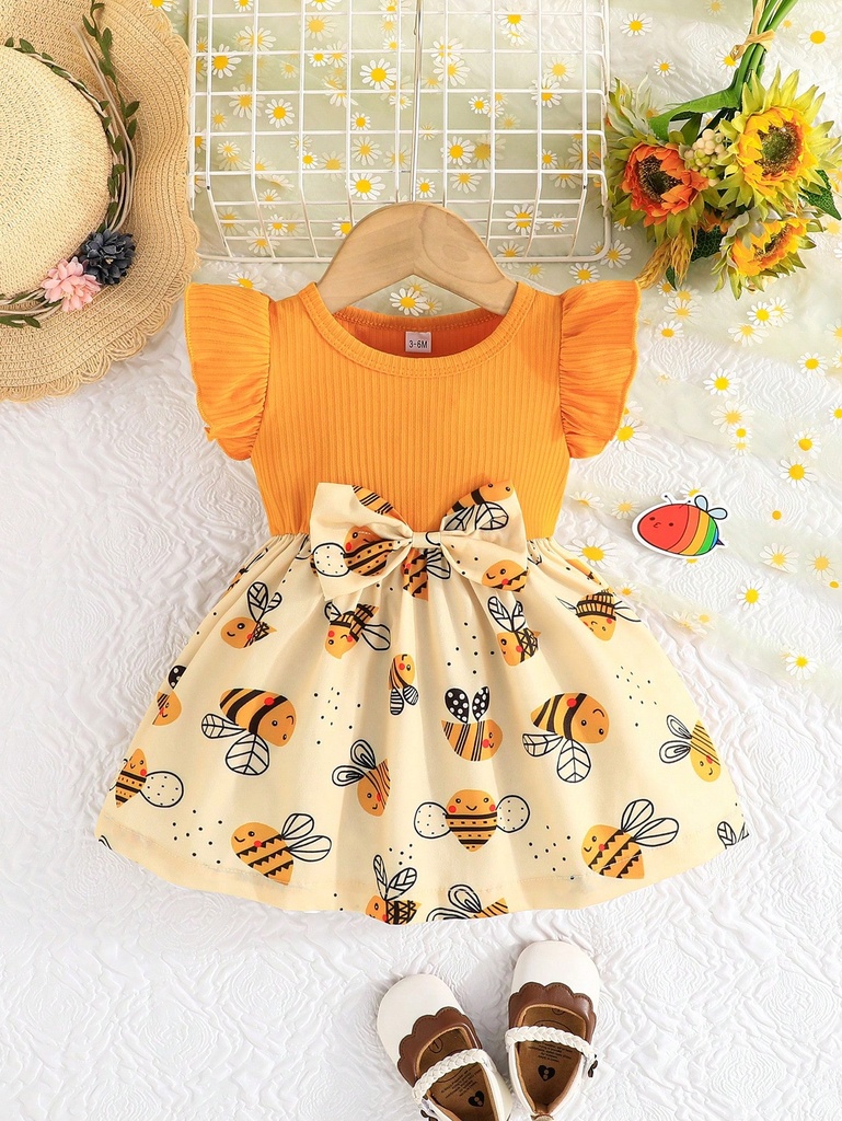 Vestido de verano con mangas de mariposa para bebé niña, diseño encantador con estampado de abejita, lazo y diseño a rayas
