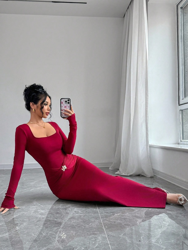 Firerie Vestido de manga larga con cuello cuadrado y decoración floral para mujeres