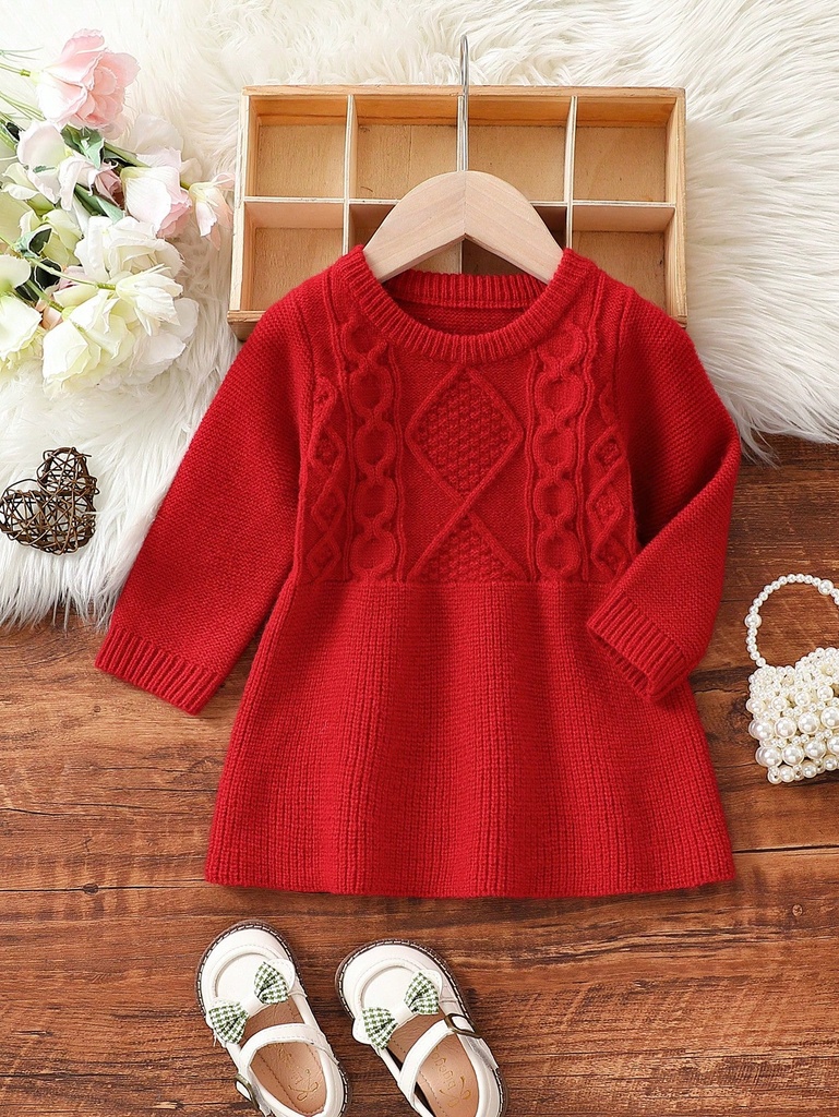 Vestido Rojo De Suéter Tejido Para Niñas Con Cuello Redondo Para Infante