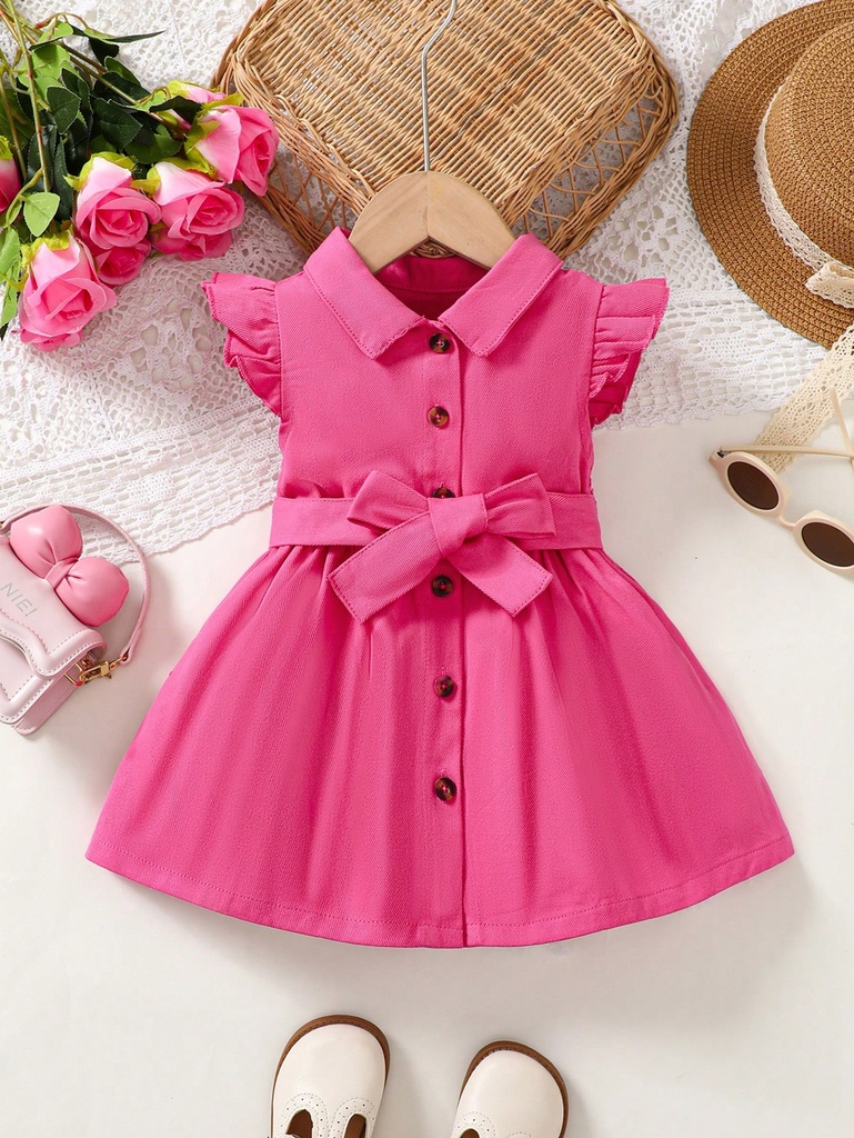 Vestido de mezclilla con cinturón y mangas de mariposa para bebé niña