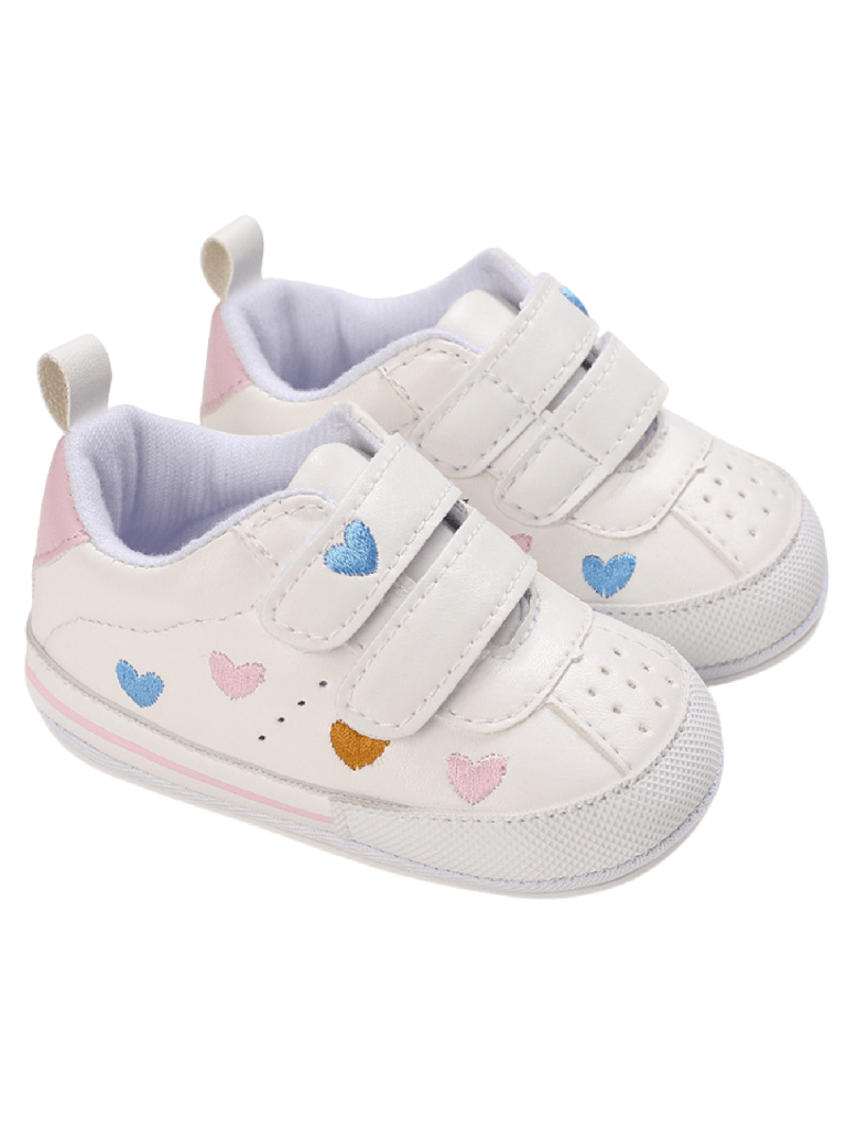 Zapatos de bebé blancos bordados con un corazón de amor, Zapatos planos para niñas con suela suave de PU contra resbalones para caminantes de primera vez, Zapatillas deportivas para bebés recién nacidos de primavera y otoño para exteriores
