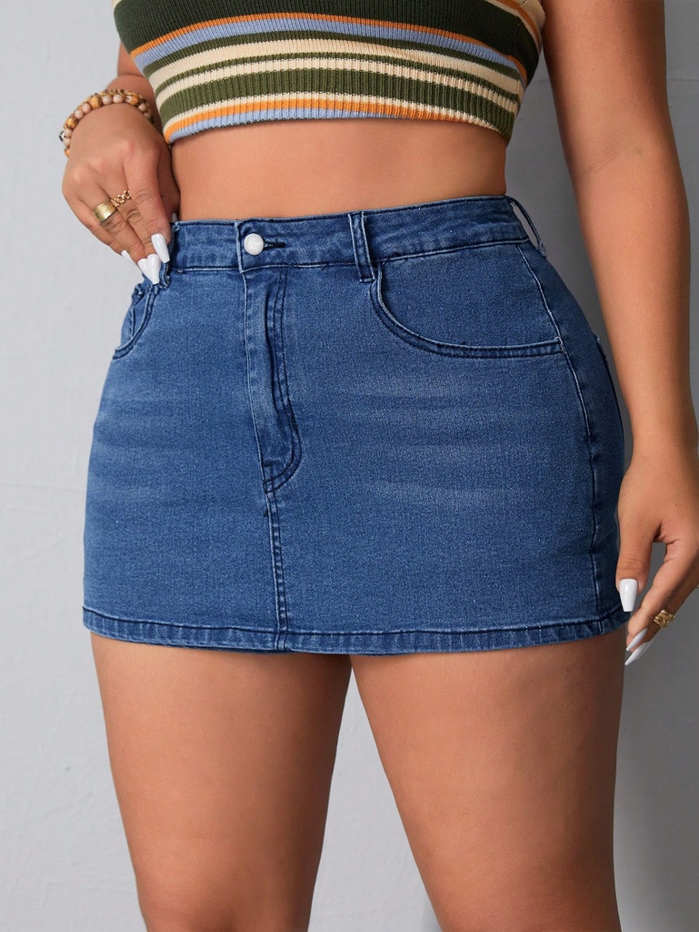 SHEIN VCAY Falda-pantalón De Mezclilla De Cintura Alta En Color Sólido Tallas Grandes