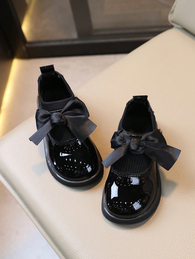 Zapatos Casuales Brillante Para Niñas Pequeñas Con Gran Lazo, Apertura Elástica Tejida Y Suela Plana