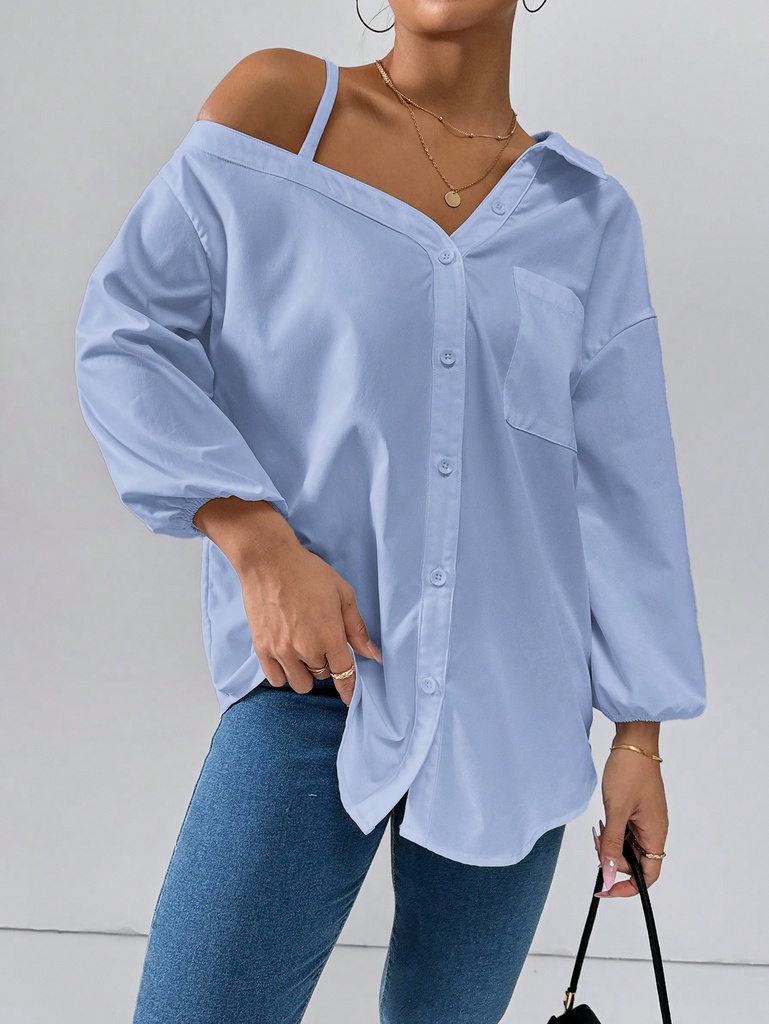 SHEIN Essnce Camisa asimétrica de hombro de estilo casual de moda callejera nueva de primavera y verano para mujer