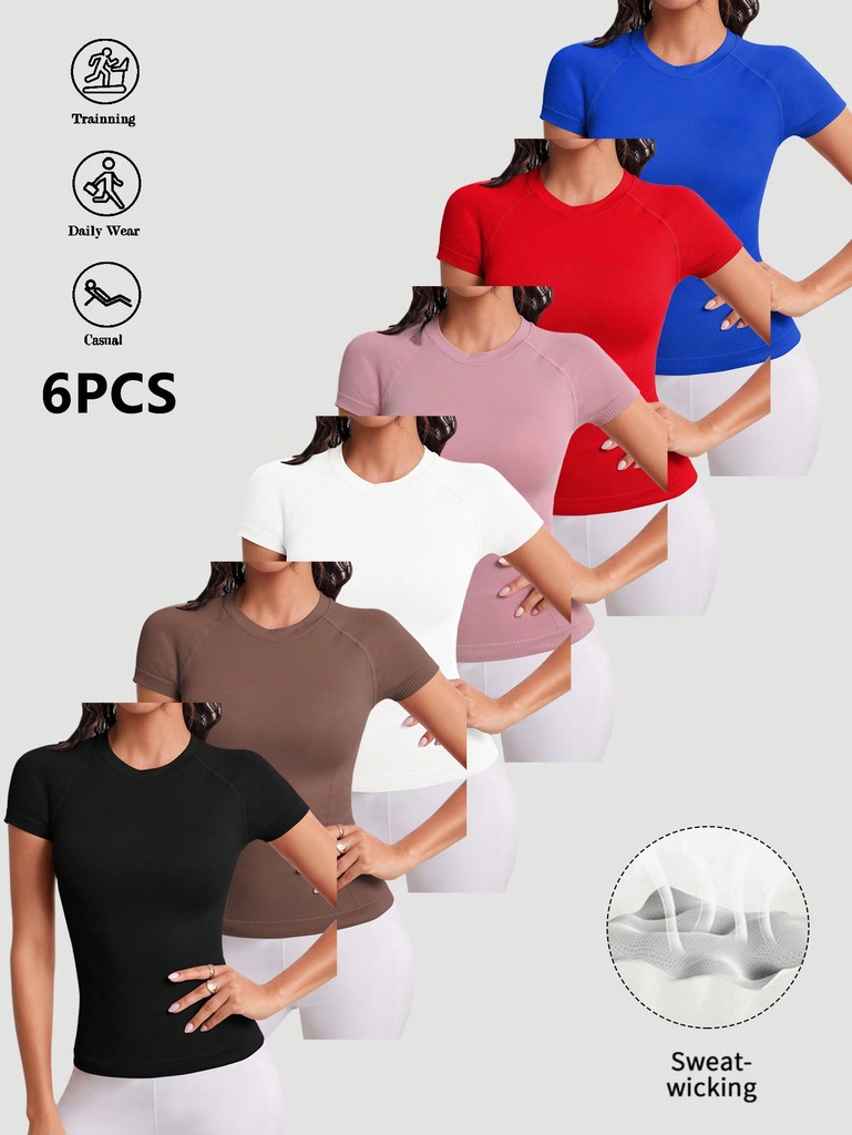 SHEIN Camiseta casual de fitness y deportes de mujer de unicolor, de cuello redondo, de manga raglán, de manga corta, sin costuras