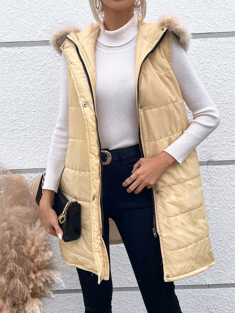 SHEIN LUNE Chaleco de invierno con cuello de piel y capucha