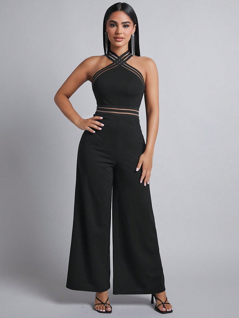 SHEIN PETITE Mono de pierna ancha con tira cruzada de cuello halter