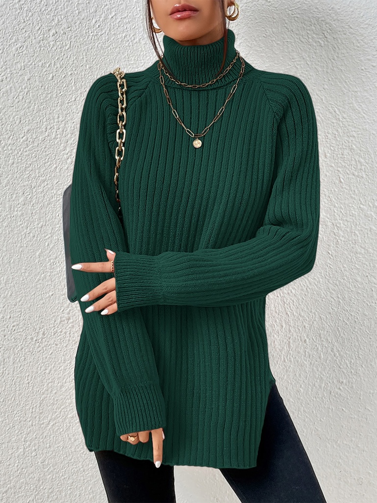 SHEIN Frenchy Jersey De Cuello Alto Con Mangas Raglán Y Dobladillo Dividido, Mangas Raglán Verdes