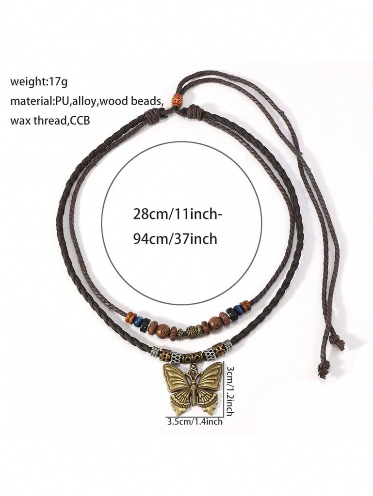 1 collar tejido con colgante de mariposa, corazón, flor y moneda con cuentas de madera turquesa de estilo bohemio y a la moda, adecuado para uso diario de mujeres