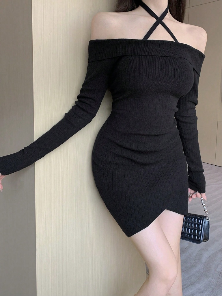 DAZY Vestido De Suéter De Punto Con Mangas Largas Y Cuello Halter Para Mujer