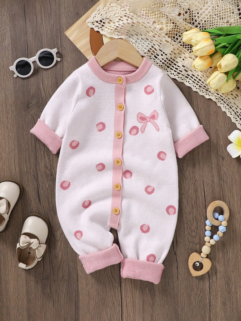 Enterizo Tejido De Niña Bebé Con Estampado De Lazo Y Detalle De Lazo