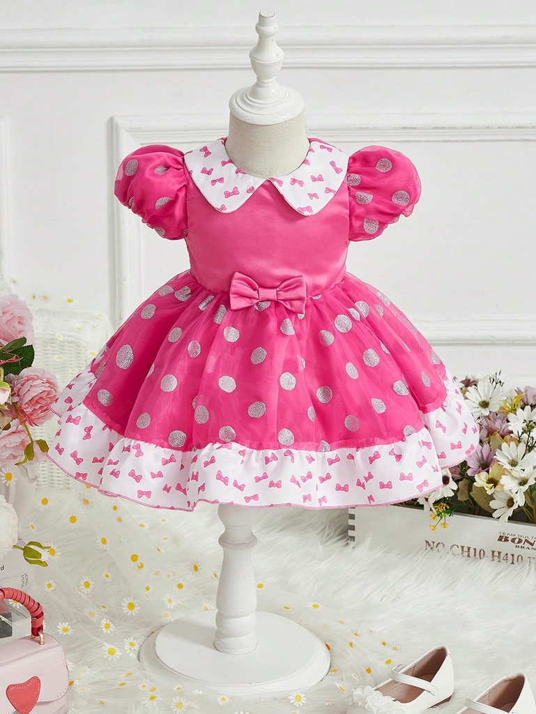 SHEIN Vestido Para Niña Con Cuello De Muñeca Con Estampado De Mariposas Y Puntos Plateados, Falda Hinchada Con Superposición De Malla Y Estilo