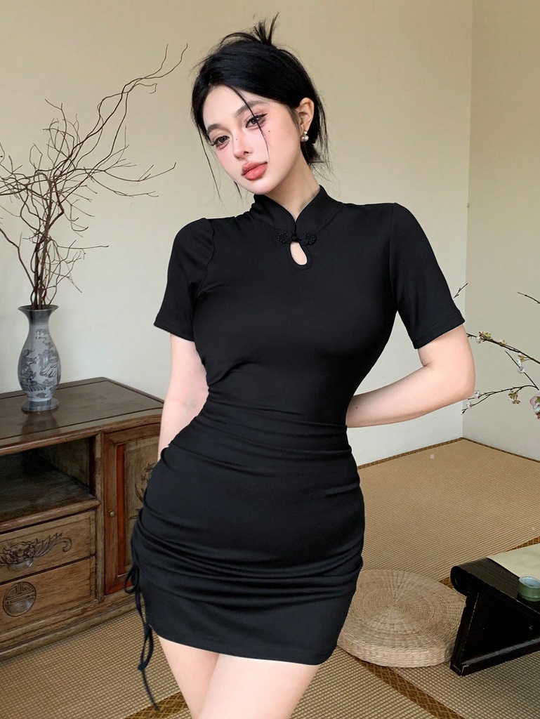 DAZY Vestido Corto De Manga Corta Para Mujer Con Cierre De Botón Y Ajustado