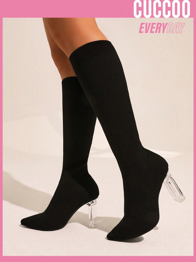 Cuccoo Everyday Collection Zapatos De Mujer Minimalistas De Moda Con Detalles De Tejido Y Punta De Punto, Botas De Calcetín Negras