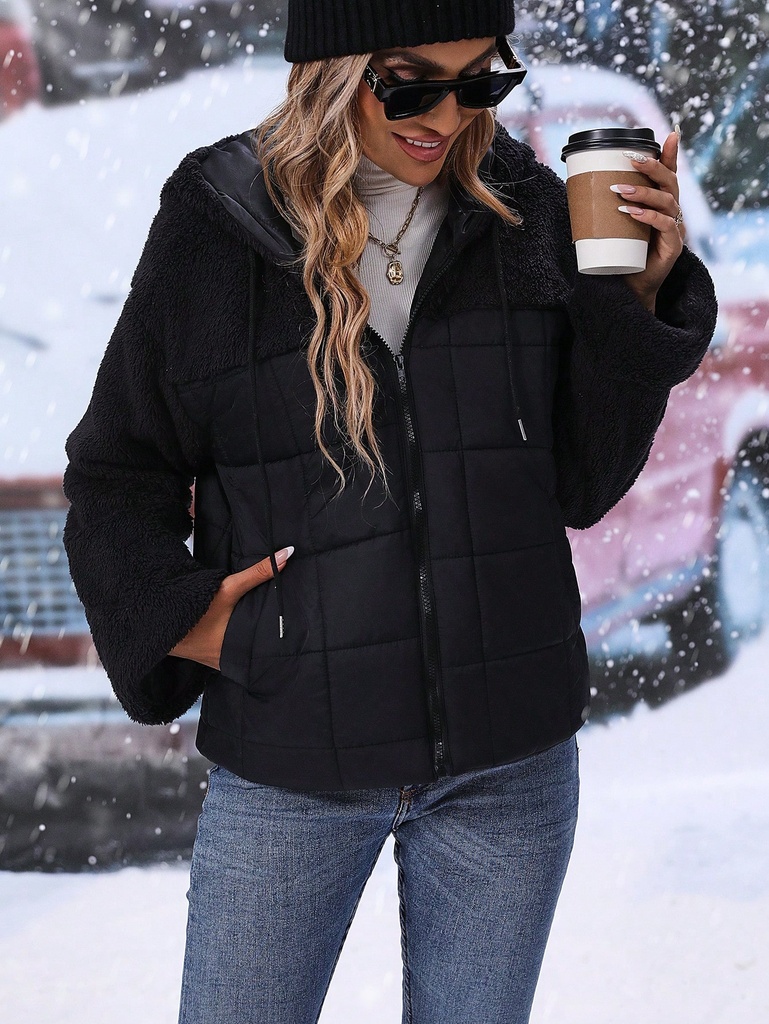 SHEIN LUNE Abrigo acolchado panel teddy de hombros caídos con cordón con capucha cremallera