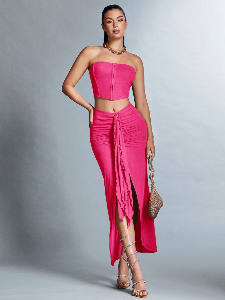 SHEIN BAE Conjunto de top de tubo de unicolor para mujer con falda hasta la rodilla