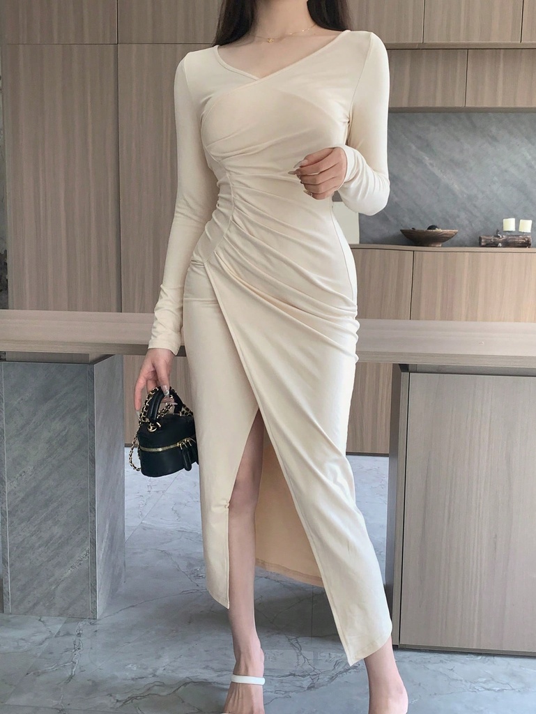 DAZY Vestido De Cuello En V Con Mangas Largas Y Abertura Frontal Envolvente En Estilo Bodycon