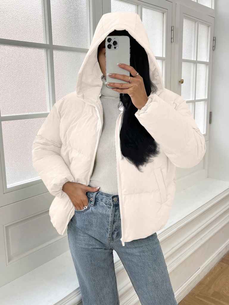 SHEIN Privé Abrigo Acolchado Con Capucha De Color Sólido Para Mujeres Con Cierre Frontal Con Cremallera