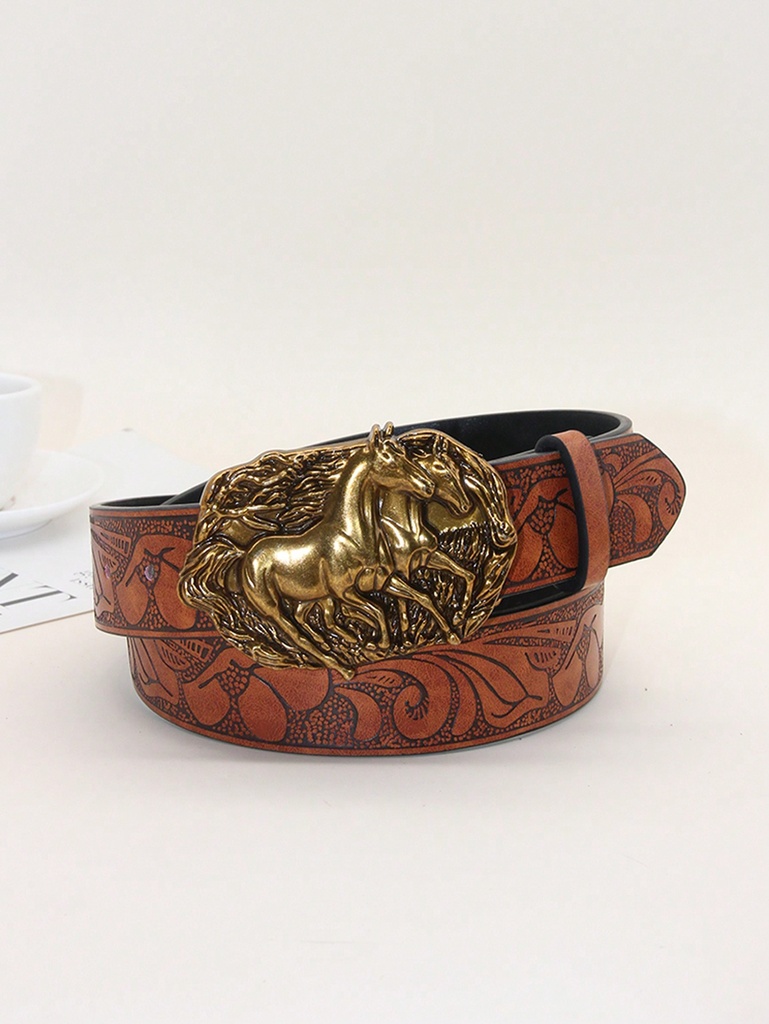 1 pieza Cinturón de PU de estilo occidental para mujer, hebilla de cabeza de caballo e impresión floral, adecuado para usar con jeans o pantalones diariamente estilo bohemio