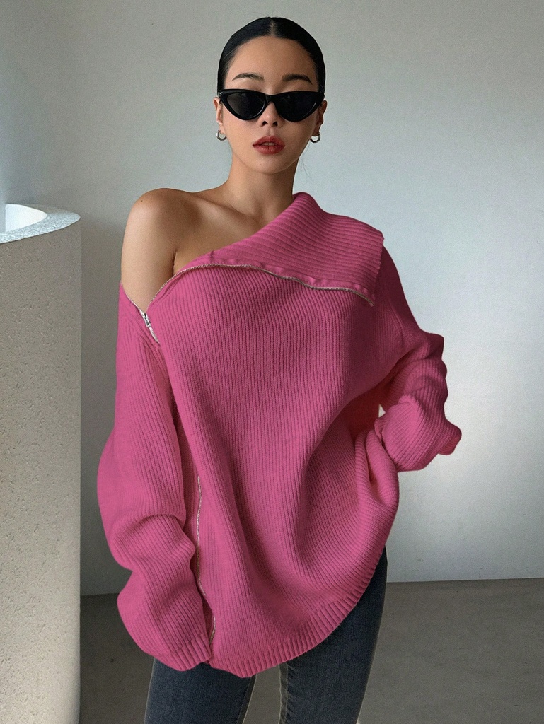 DAZY Cárdigan Casual De Manga Larga Con Cuello Irregular Y Diseño Con Cremallera