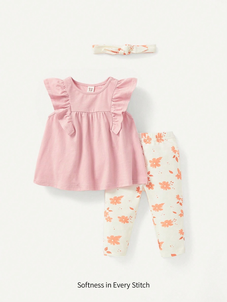 Cozy Cub Conjunto para bebé niña de 3 piezas con ribete de volantes en la parte superior impresa con dibujos animados, pantalones con pies y diadema