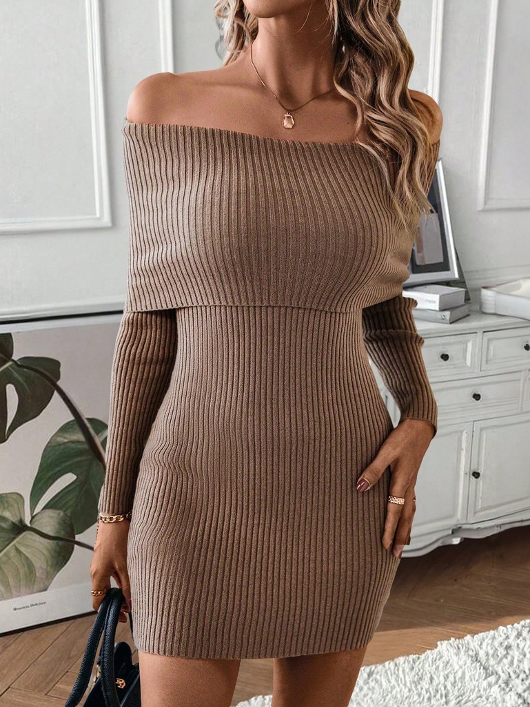 SHEIN Essnce Vestido de punto ajustado de hombros descubiertos doblado