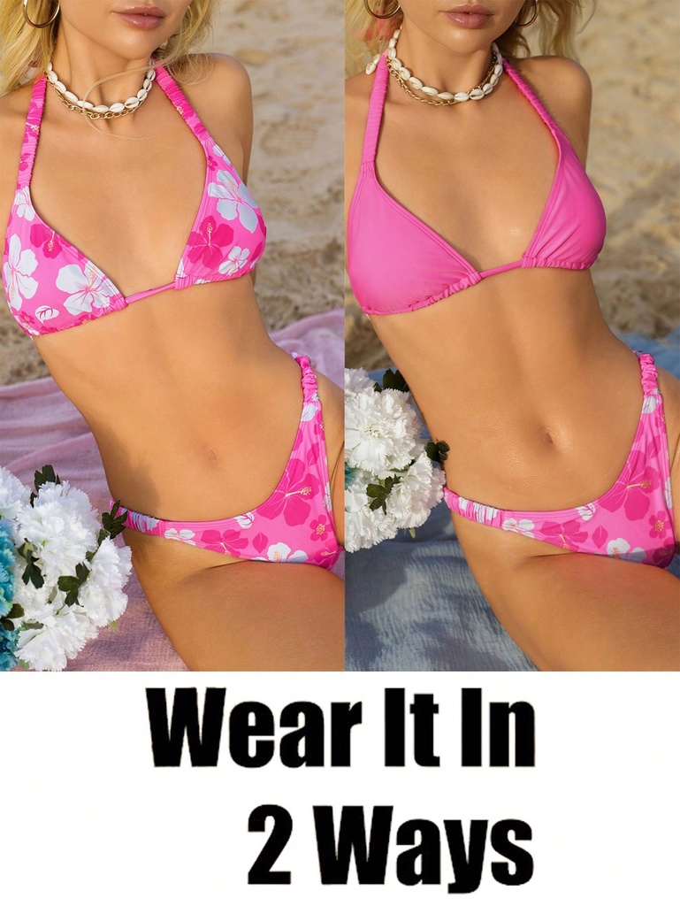 SHEIN Swim Vcay 3 Piezas Conjunto De Traje De Baño Que Incluye Un Sujetador De Cuello Halter Con Estampado Floral, Un Sujetador De Cuello Halter De Color Sólido Y Un Bikini De Triángulo Inferior