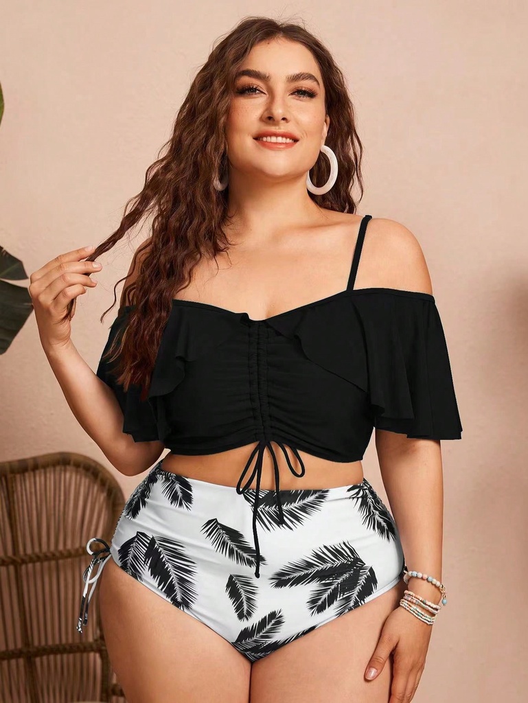 SHEIN Swim Vcay Bañador bikini tropical fruncido con cordón lateral