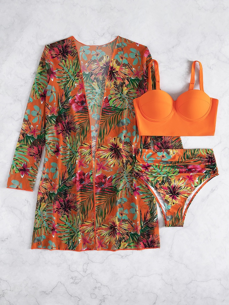 SHEIN Swim Vcay Conjunto de bikini con estampado tropical Sujetador push up y parte inferior de bikini de cintura alta con control de barriga y traje de baño de 3 piezas tipo kimono