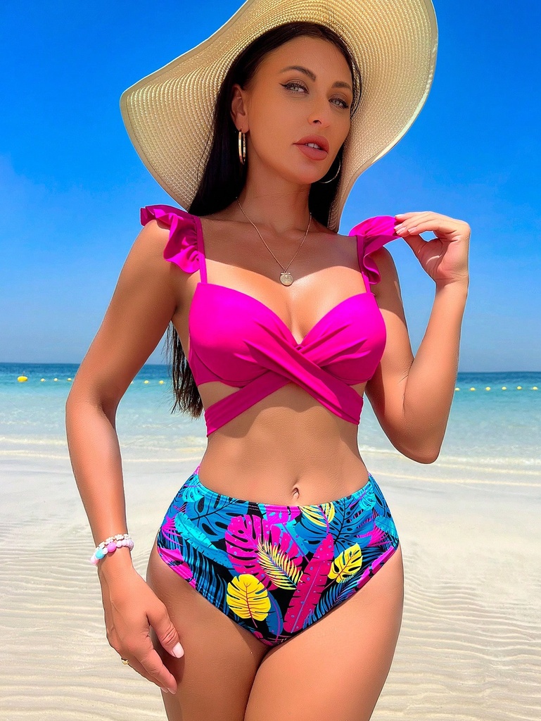 SHEIN Swim Vcay Bañador bikini push up con estampado tropical ribete con fruncido