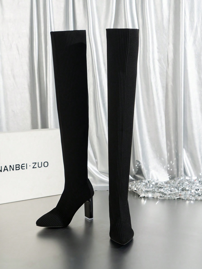 Botas de punto para mujer, botas por encima de la rodilla, botas de tacón grueso, botas de invierno hasta la rodilla, botas de combate de moda, botas altas para exteriores, botas de Halloween, botas clásicas y zapatos de mujer, novedad de 2023