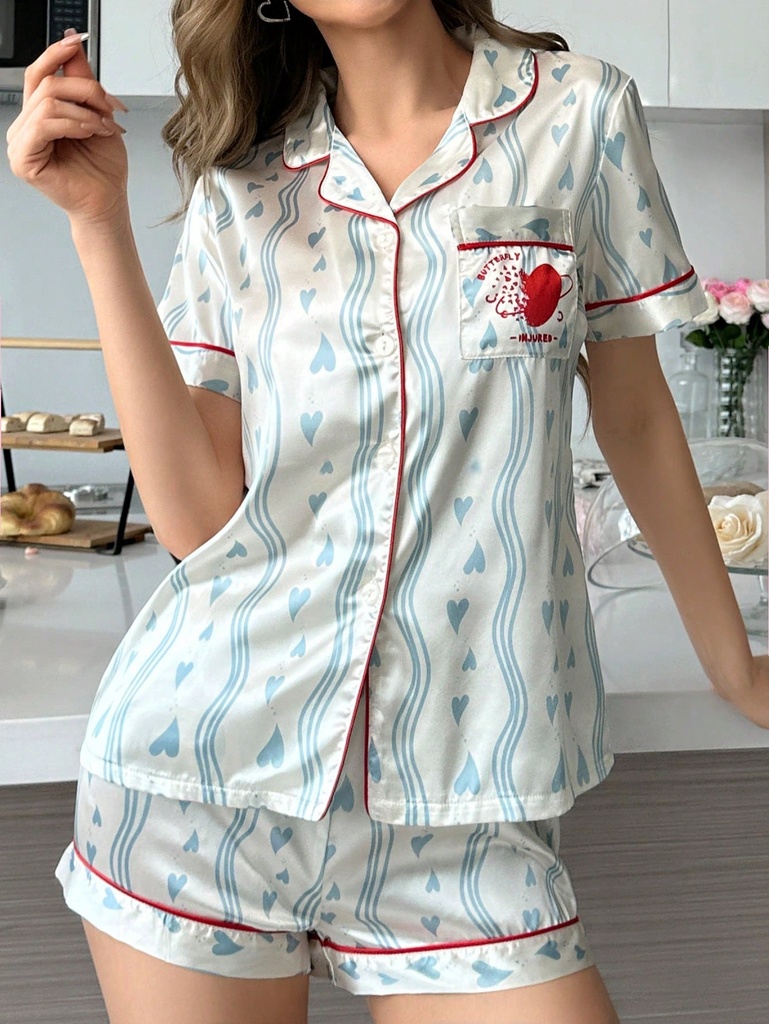 Pijama De Bolsillo Para Mujeres, Diseño De Corazón Y Ribete Contrastante