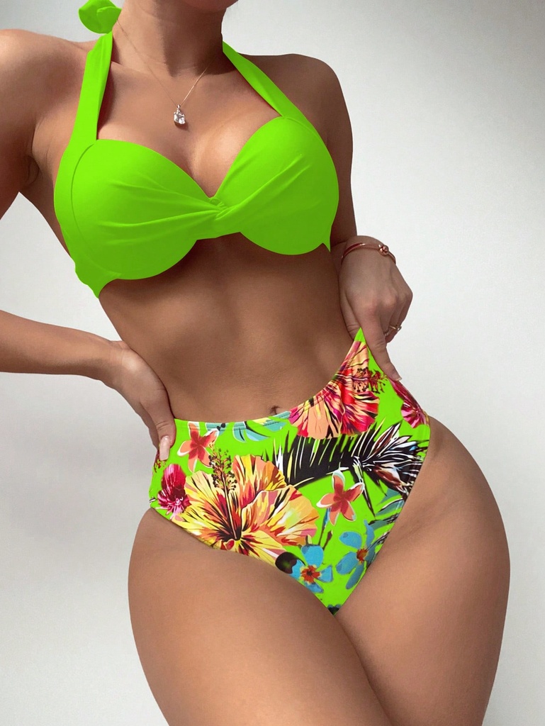 SHEIN Swim Vcay Bañador bikini push up con estampado tropical girante halter