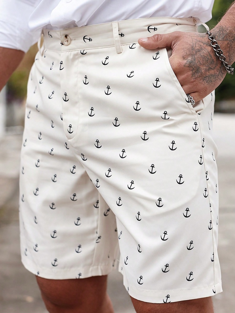 Manfinity Homme Bermudas estampadas con patrón de anclas para hombres, con bolsillos inclinados y colorido gráfico de trabajo