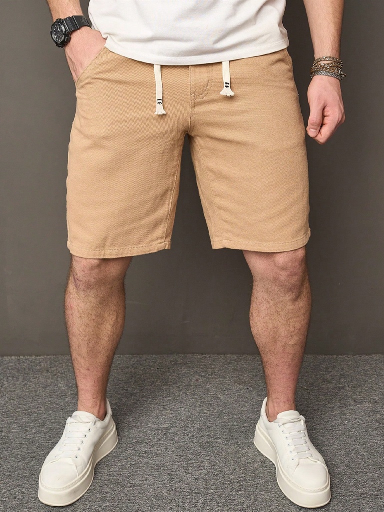 Manfinity Homme Pantalones cortos casuales de mezclilla Bermuda para hombre con cintura ajustable con cordón y bolsillos