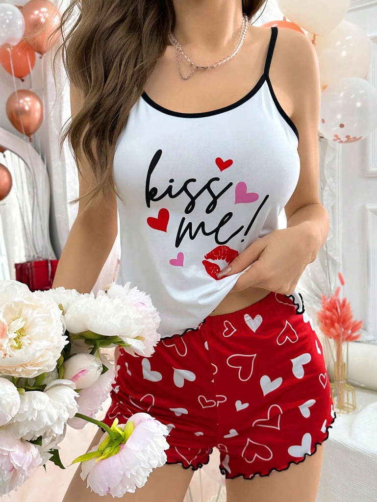 Conjunto De Pijama Para Mujer Con Impresión De Letra Y Corazón