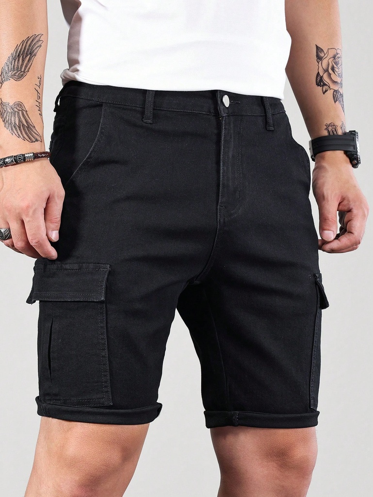 Manfinity Homme Shorts de mezclilla de estilo sencillo y unicolor para hombre, estilo básico de trabajo negro con bolsillos de carga para amigos