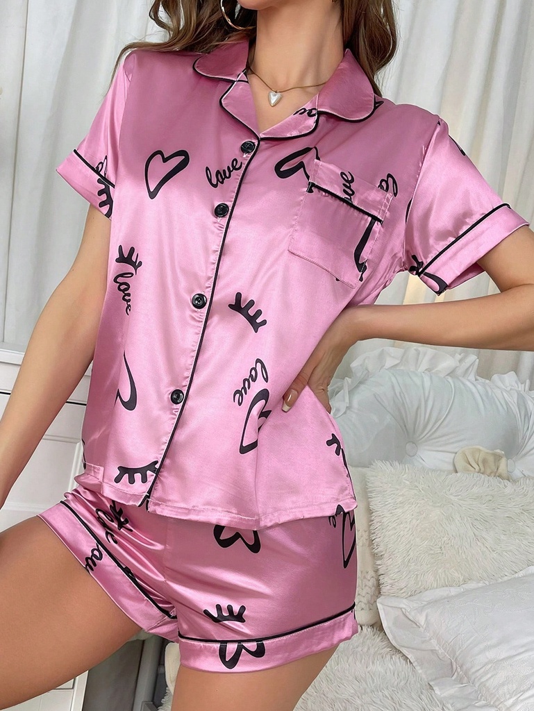 Conjunto De Pijama De Seda Simulada Impresa Para Mujer Con Patrón De Pestañas Y Corazón