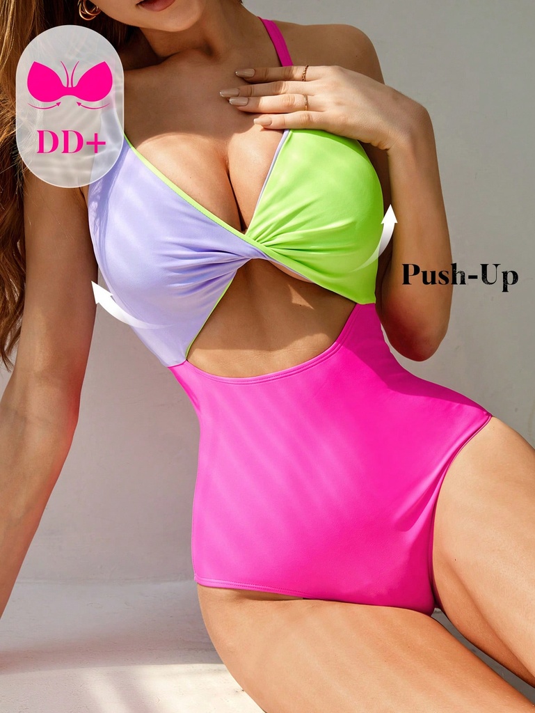 SHEIN DD+ Traje De Baño De Una Pieza Para Mujer Leisure Style Con Bloques De Color, Diseño Frontal Retorcido Y Detalle Recortado